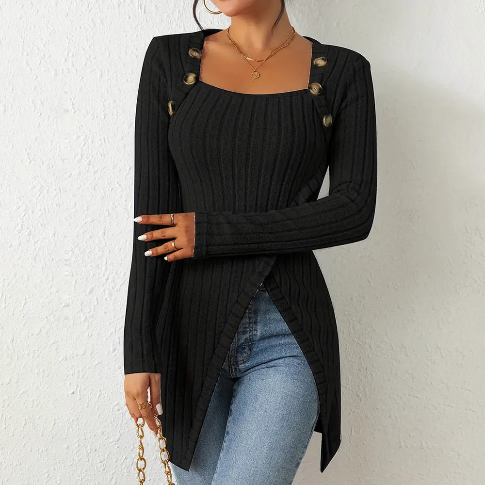Elegant Women's Solid Color Slim-Fit Long Sleeve Top - Square Neck & Button Detail With Asymmetric Hem, Casual Fall&Spring Blouse