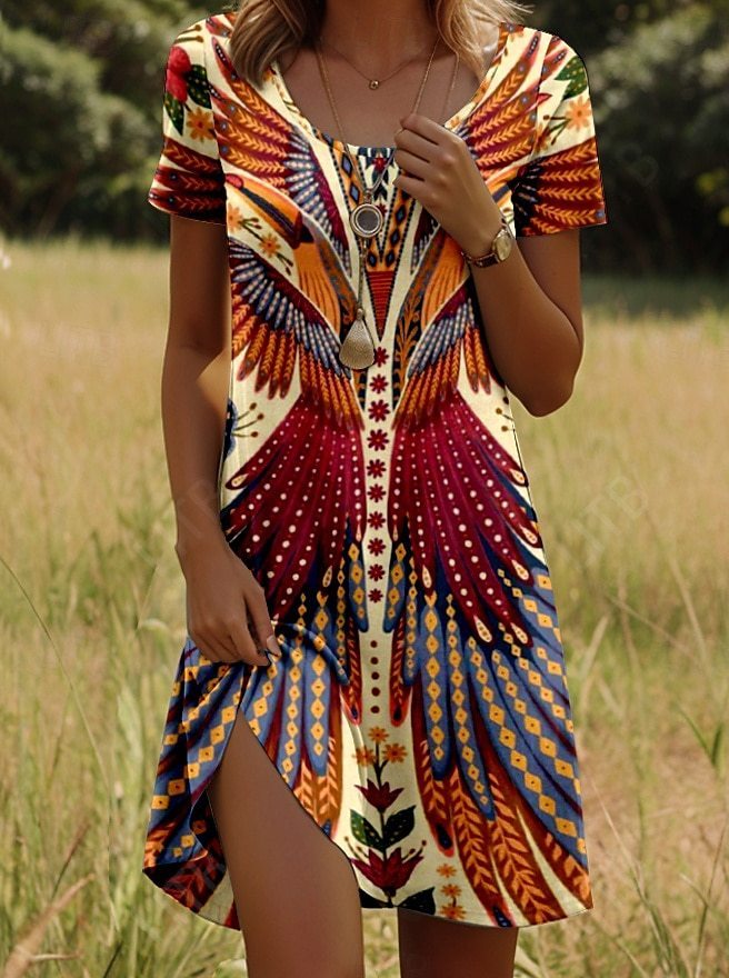 Printing Element Round Neck Short Sleeve Dress