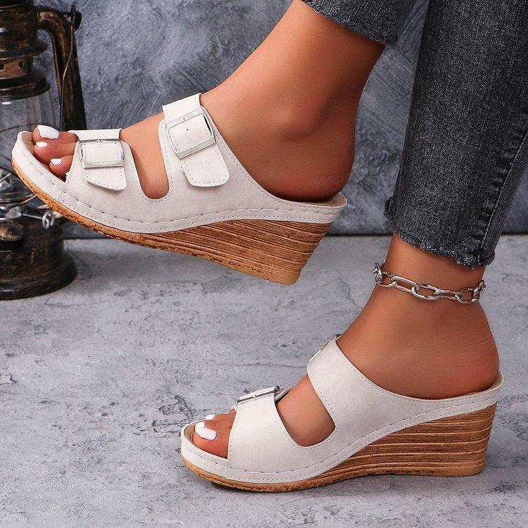 Women's Outer Wedge Belt Buckle Beach Slippers