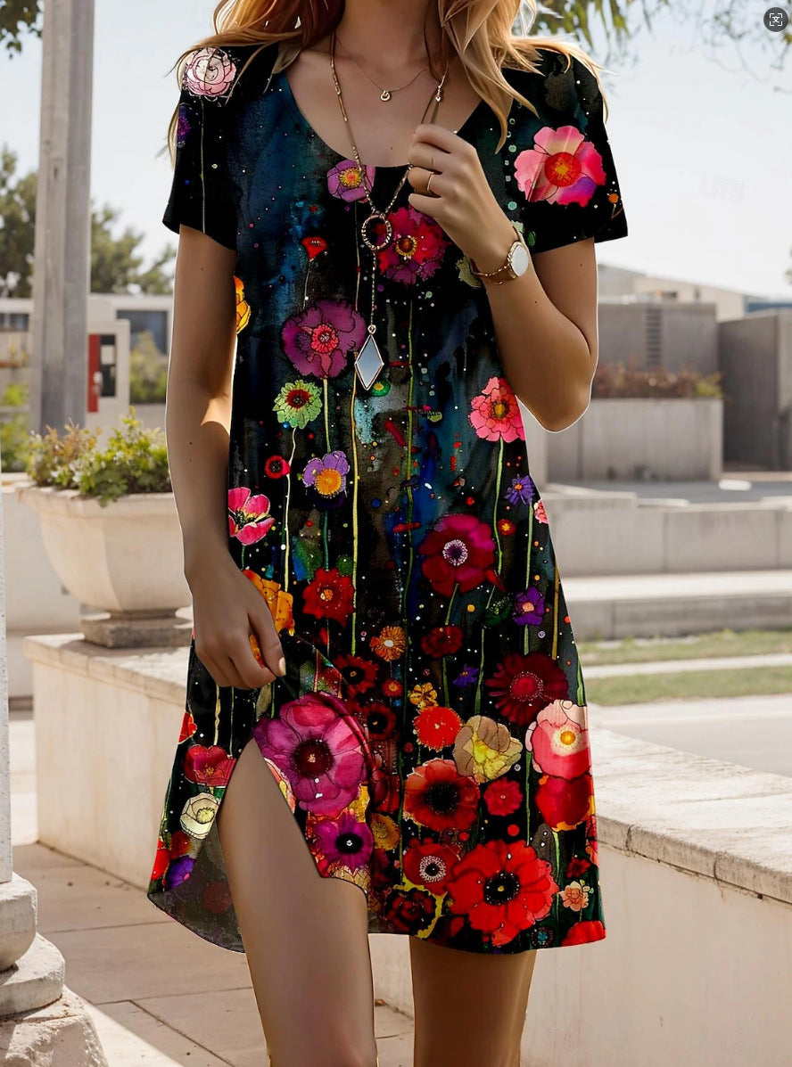 Printing Element Round Neck Short Sleeve Dress