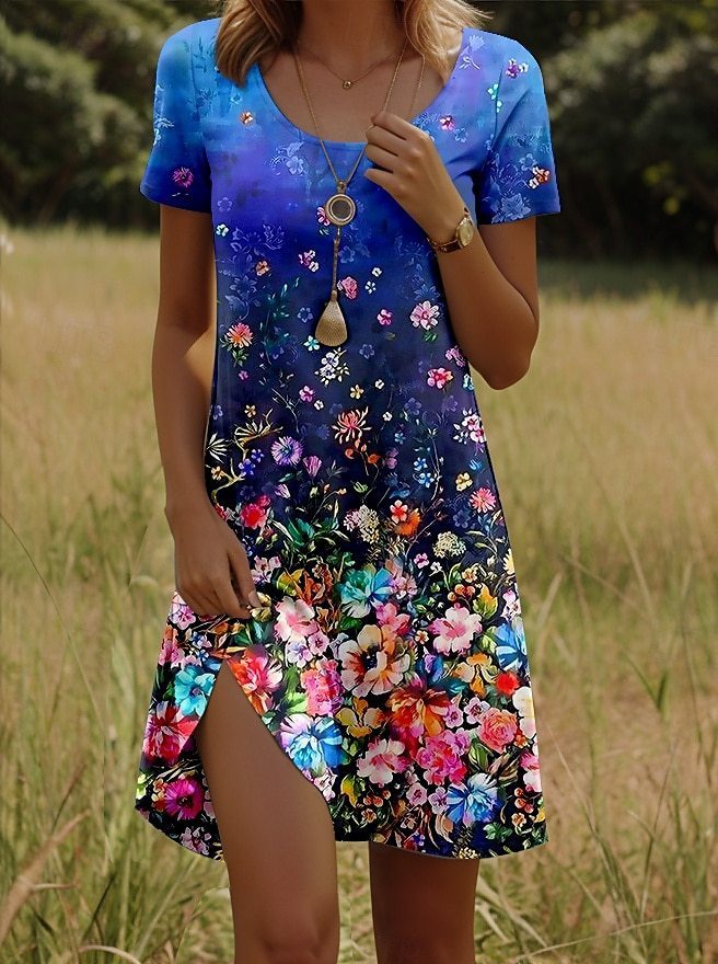 Printing Element Round Neck Short Sleeve Dress