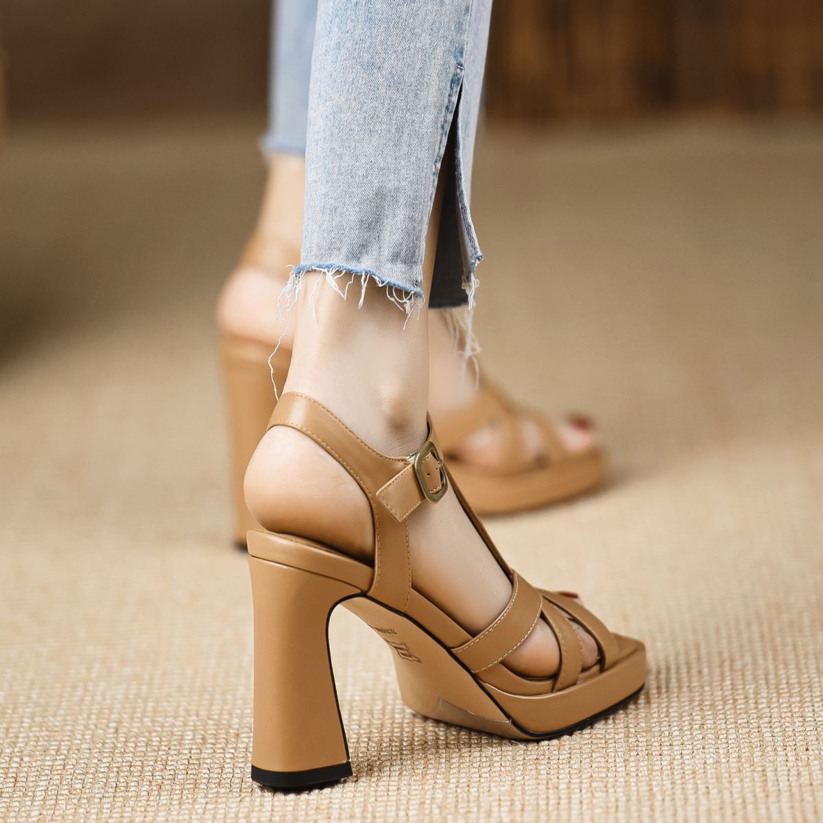 One-strap Square Toe Waterproof Platform Thick Heel High Heels