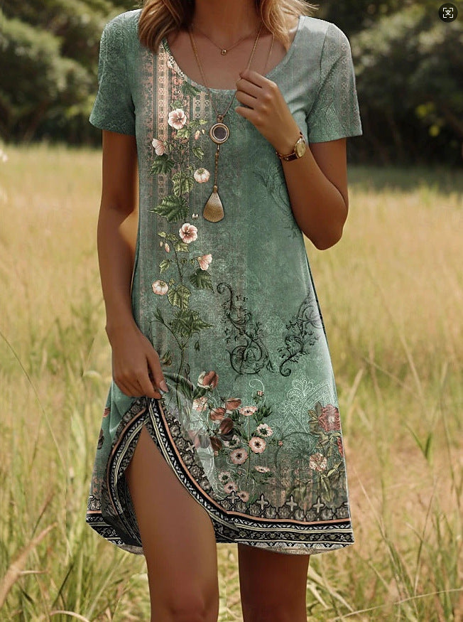 Printing Element Round Neck Short Sleeve Dress