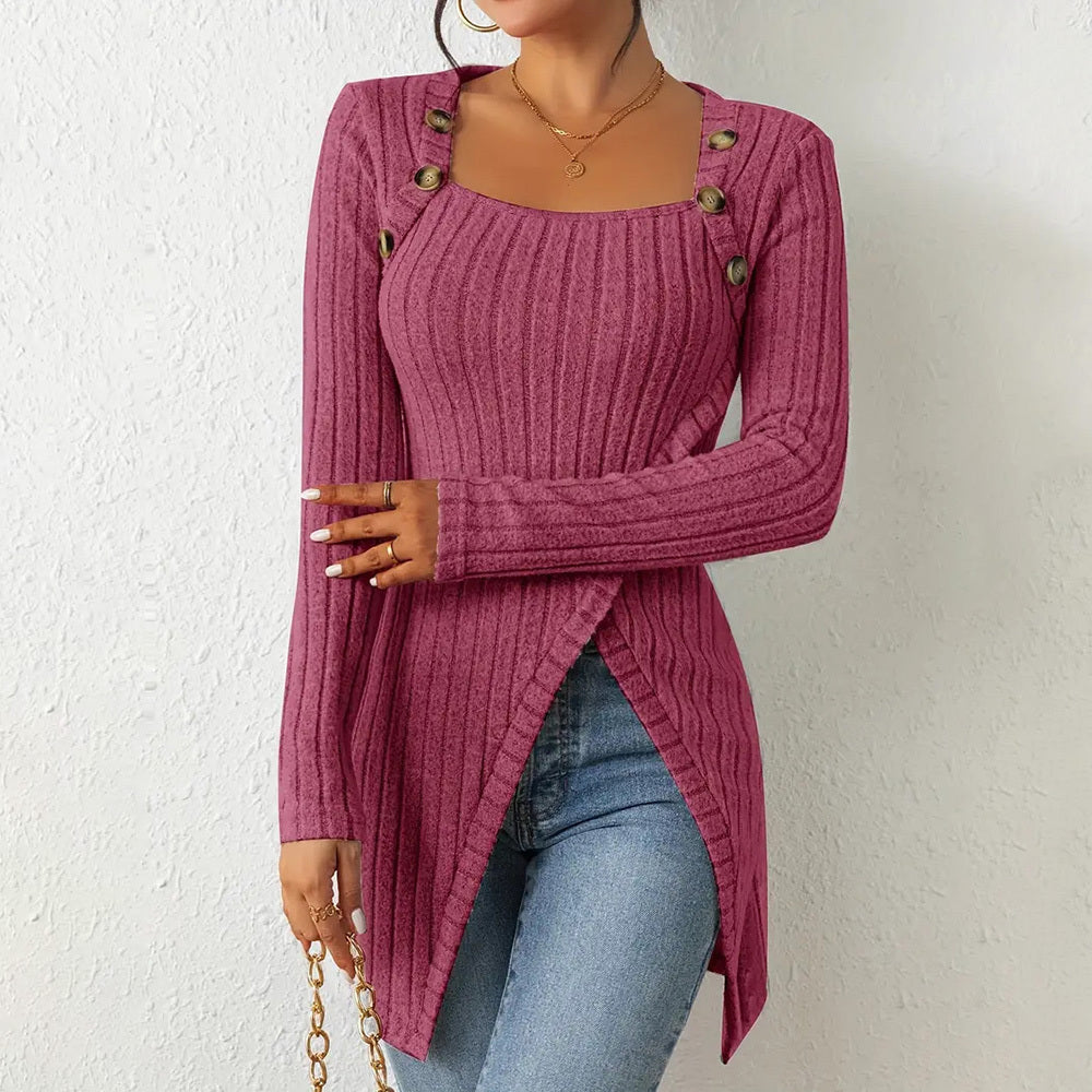 Elegant Women's Solid Color Slim-Fit Long Sleeve Top - Square Neck & Button Detail With Asymmetric Hem, Casual Fall&Spring Blouse