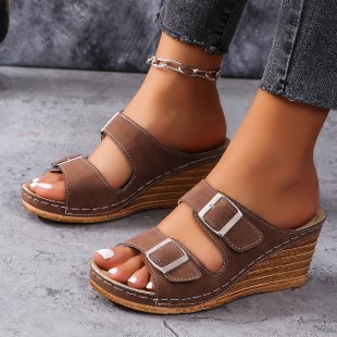 Women's Outer Wedge Belt Buckle Beach Slippers