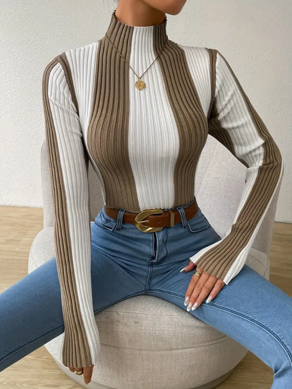 Women's Spring And Autumn Classic Black And White Contrast Color Vertical Pattern Sweater