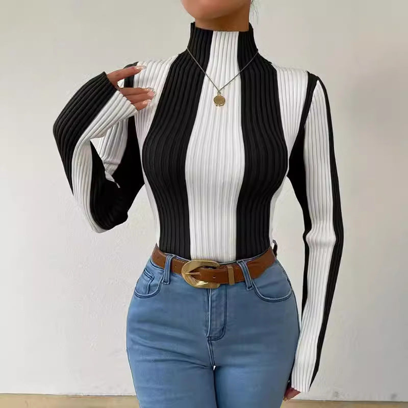 Women's Spring And Autumn Classic Black And White Contrast Color Vertical Pattern Sweater