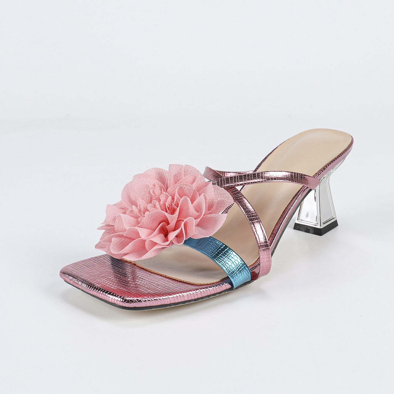 Women's Square Toe Three-dimensional Flower High Heel Sandals
