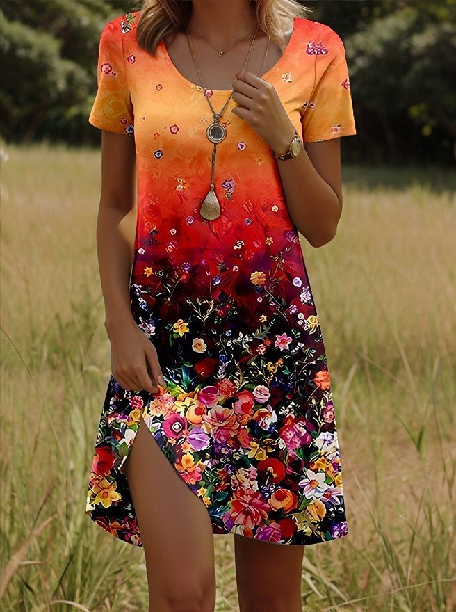 Printing Element Round Neck Short Sleeve Dress