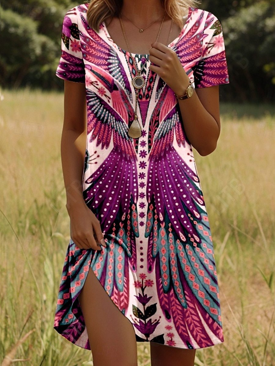 Printing Element Round Neck Short Sleeve Dress