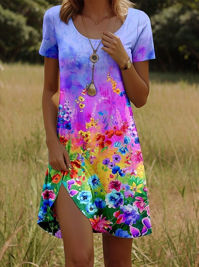 Printing Element Round Neck Short Sleeve Dress