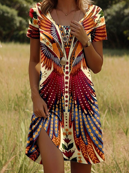Printing Element Round Neck Short Sleeve Dress