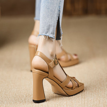 One-strap Square Toe Waterproof Platform Thick Heel High Heels