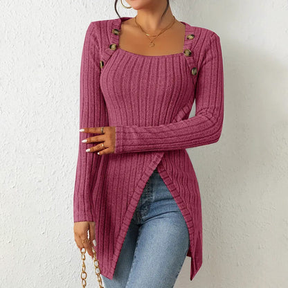 Elegant Women's Solid Color Slim-Fit Long Sleeve Top - Square Neck & Button Detail With Asymmetric Hem, Casual Fall&Spring Blouse