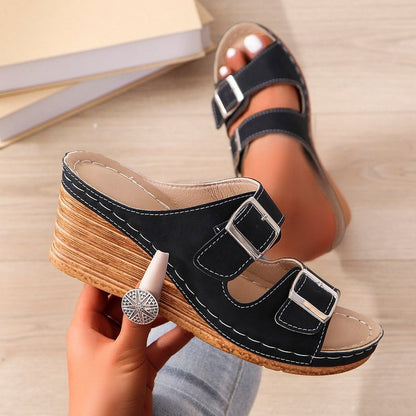 Women's Outer Wedge Belt Buckle Beach Slippers