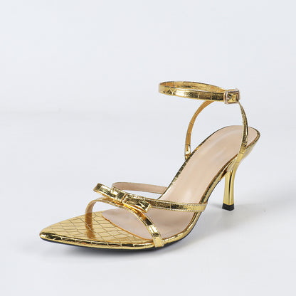 Women's Pointed Stone Pattern Three-dimensional Bow Stiletto Heel Sandals