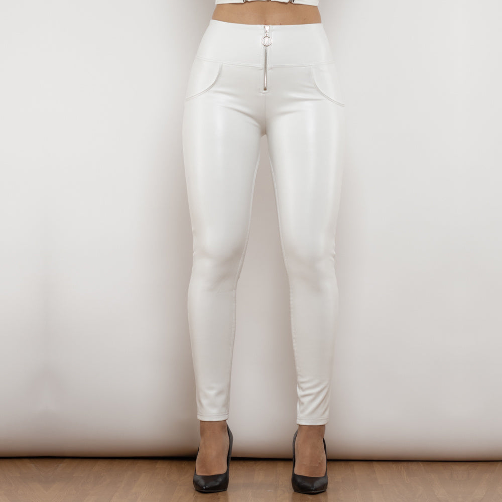 Hascullfites Melody High Waist White Leather Butt Lifting Pants Ladies Thermal Leggings With Zipper