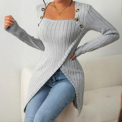 Elegant Women's Solid Color Slim-Fit Long Sleeve Top - Square Neck & Button Detail With Asymmetric Hem, Casual Fall&Spring Blouse